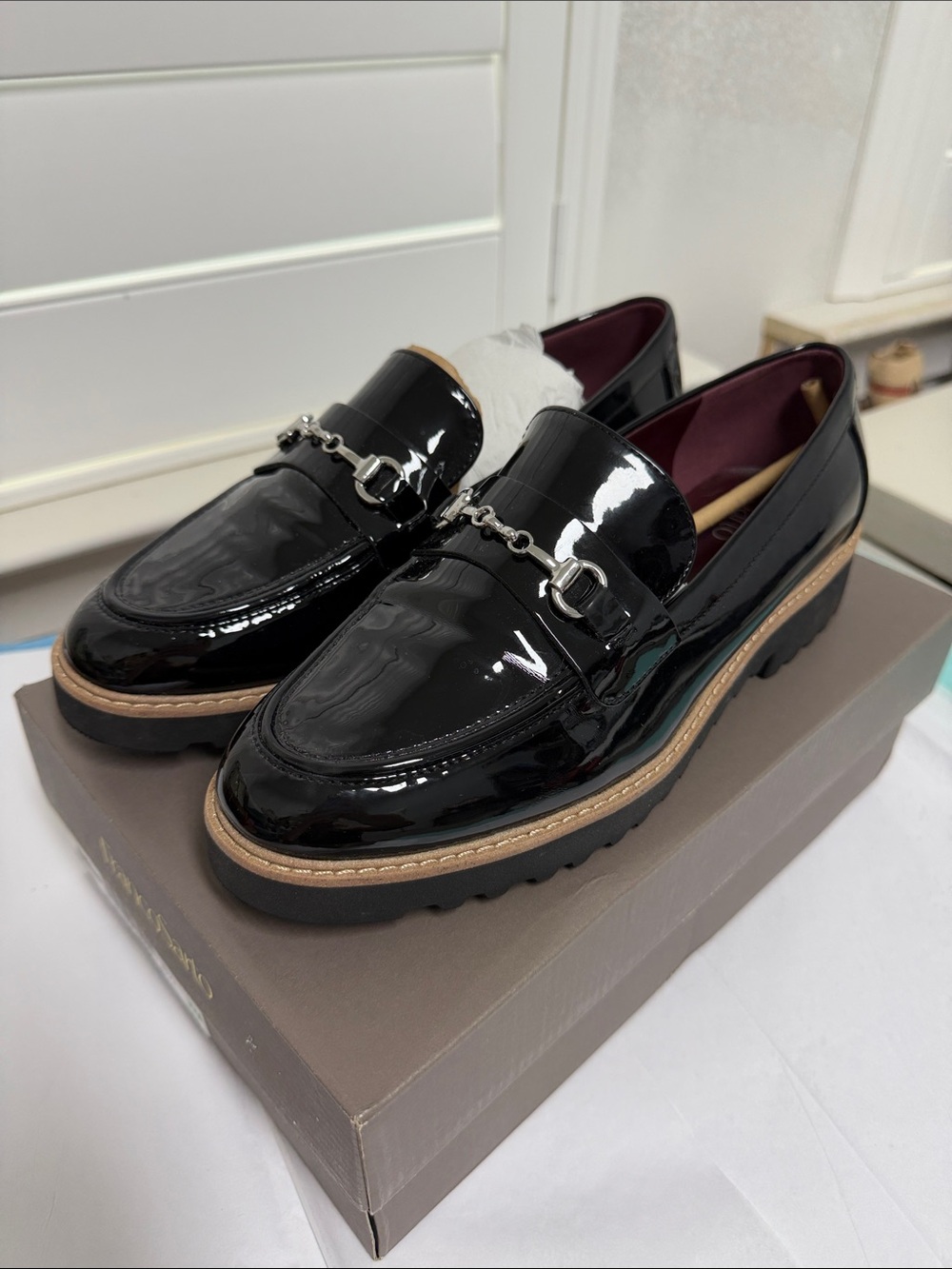 Franco Sarto Black Patent Leather Bit Loafers with Tan Welt 8 1/2 Wide